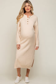 Cream Waffle Knit Button Long Sleeve Maternity Midi Dress