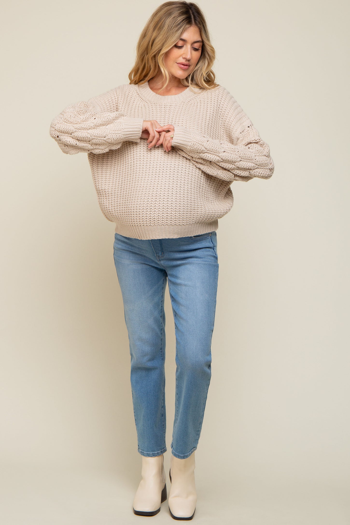 Beige Cable Knit Sleeve Maternity Sweater