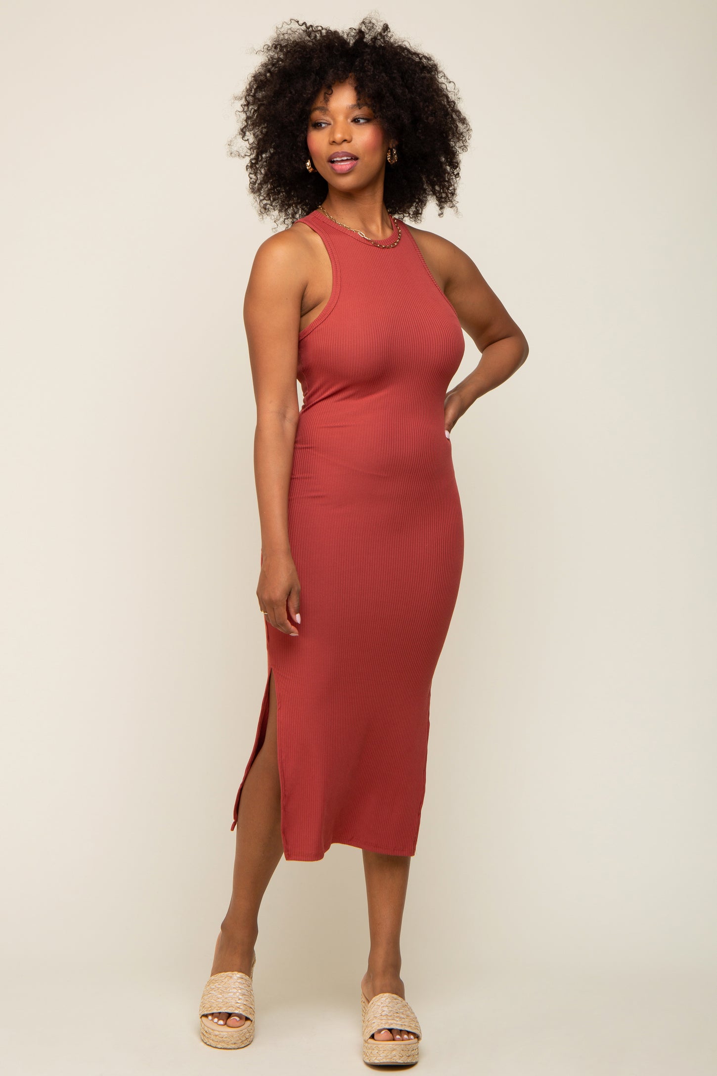 Rust Ribbed Sleeveless Side Slit Midi Dress