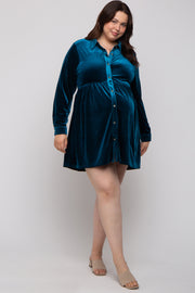 Deep Teal Velvet Button Down Maternity Plus Mini Dress