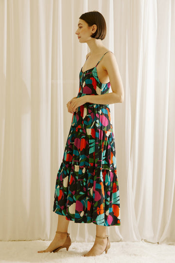 Black Printed Tiered Midi Dress