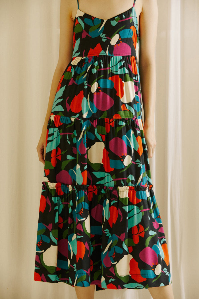 Black Printed Tiered Midi Dress
