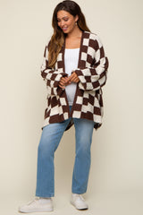 Brown Checkered Print Oversized Maternity Cardigan
