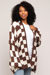 Brown Checkered Print Oversized Maternity Cardigan