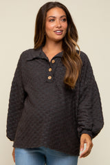 Charcoal Fuzzy Checkered Button Front Maternity Top