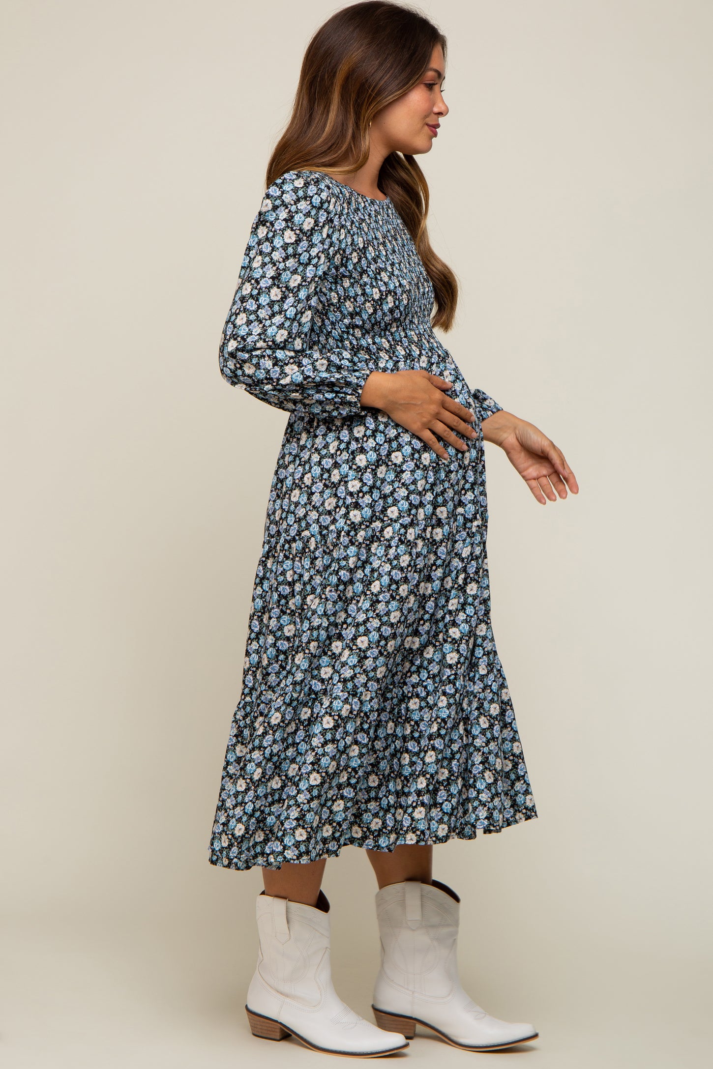 Black Floral Smocked 3/4 Sleeve Maternity Midi Dress