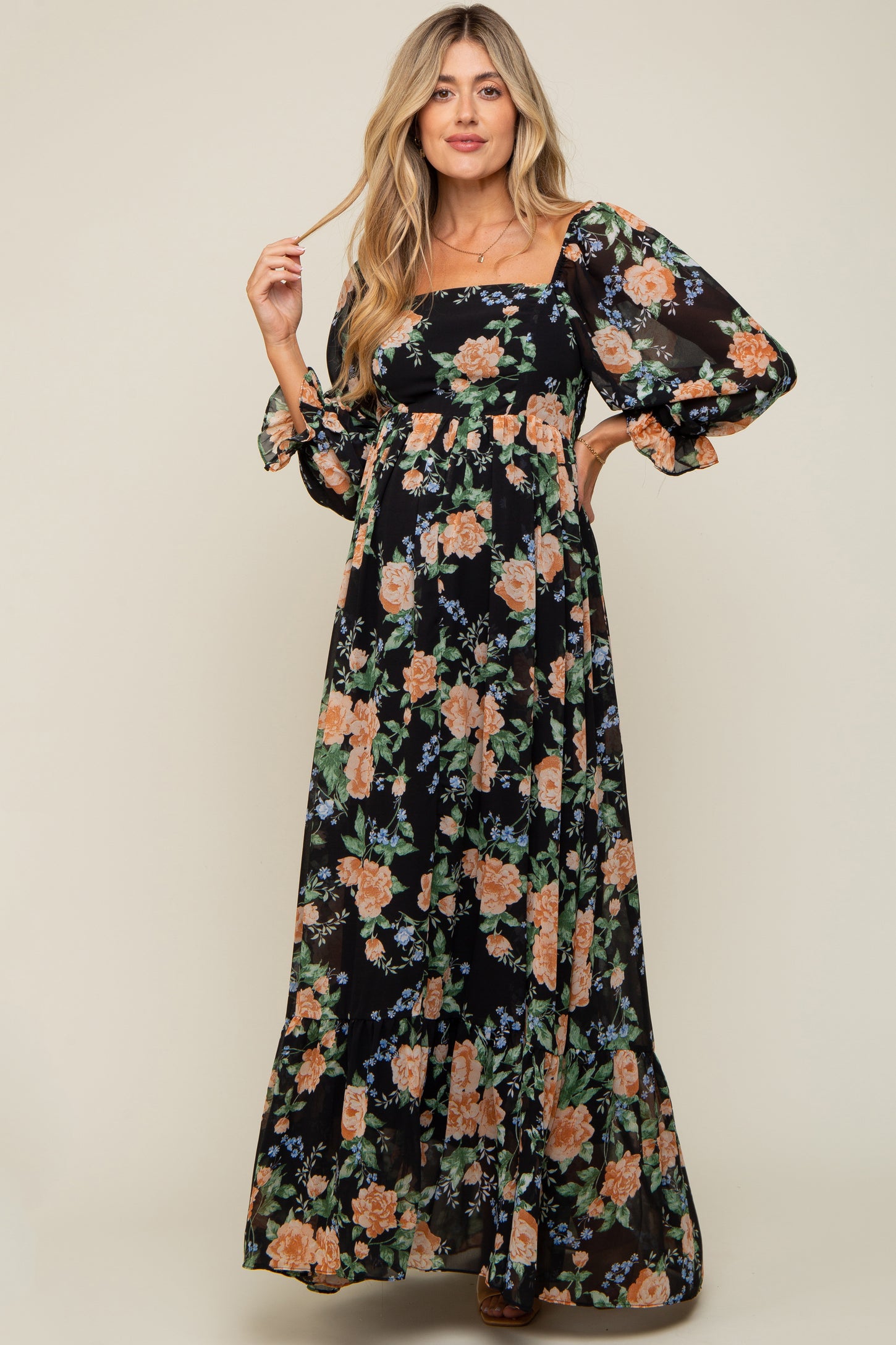 Black Floral Chiffon Square Neck 3/4 Ruffle Sleeve Maternity Maxi Dress