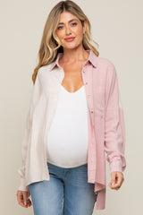 Light Pink Color Block Button Up Linen Maternity Top