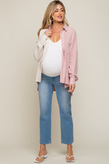 Light Pink Color Block Button Up Linen Maternity Top