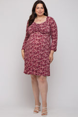 Burgundy Floral Ruched Long Sleeve Plus Maternity Dress
