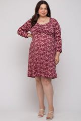 Burgundy Floral Ruched Long Sleeve Plus Maternity Dress