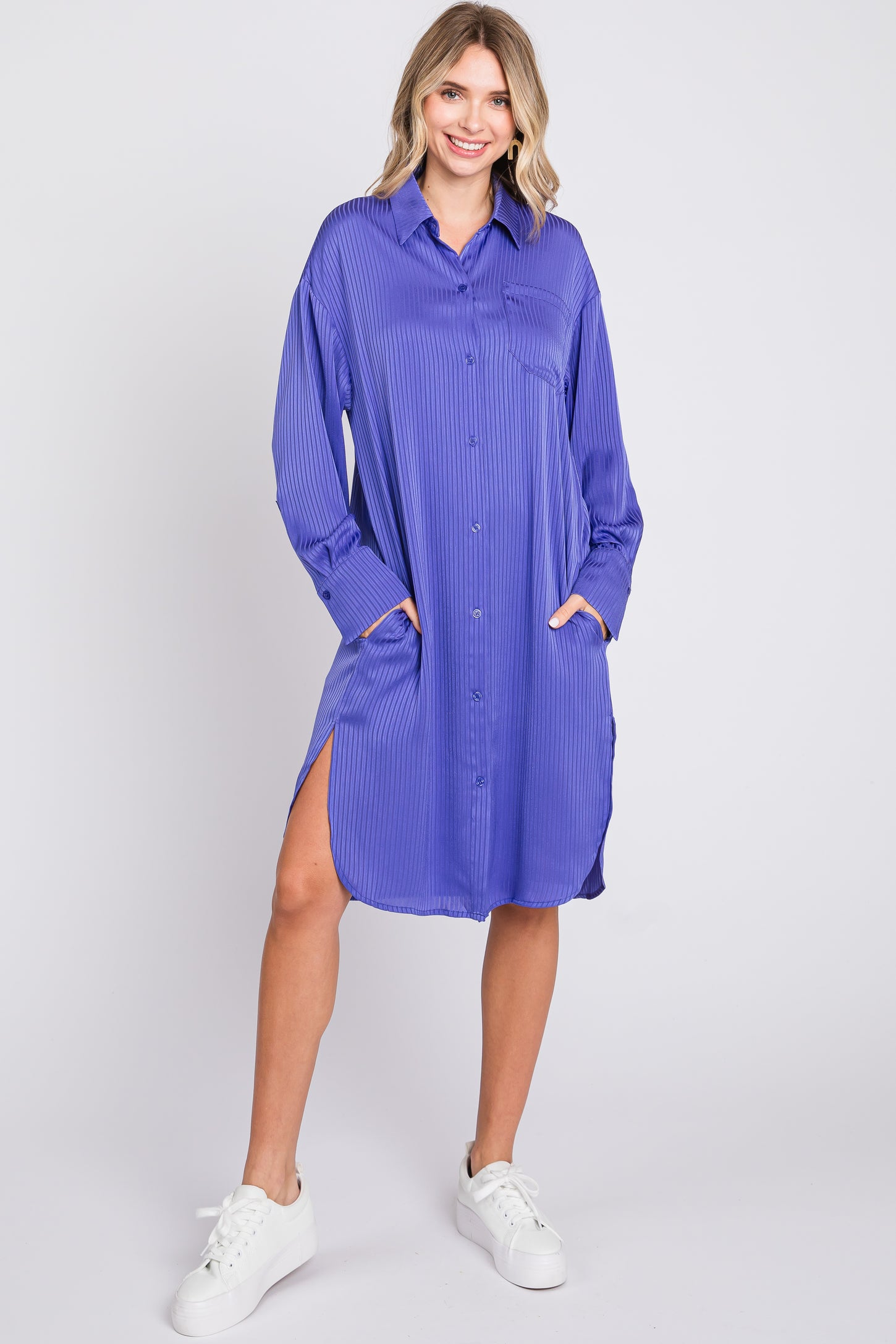 Purple Striped Maternity Shirt Dress