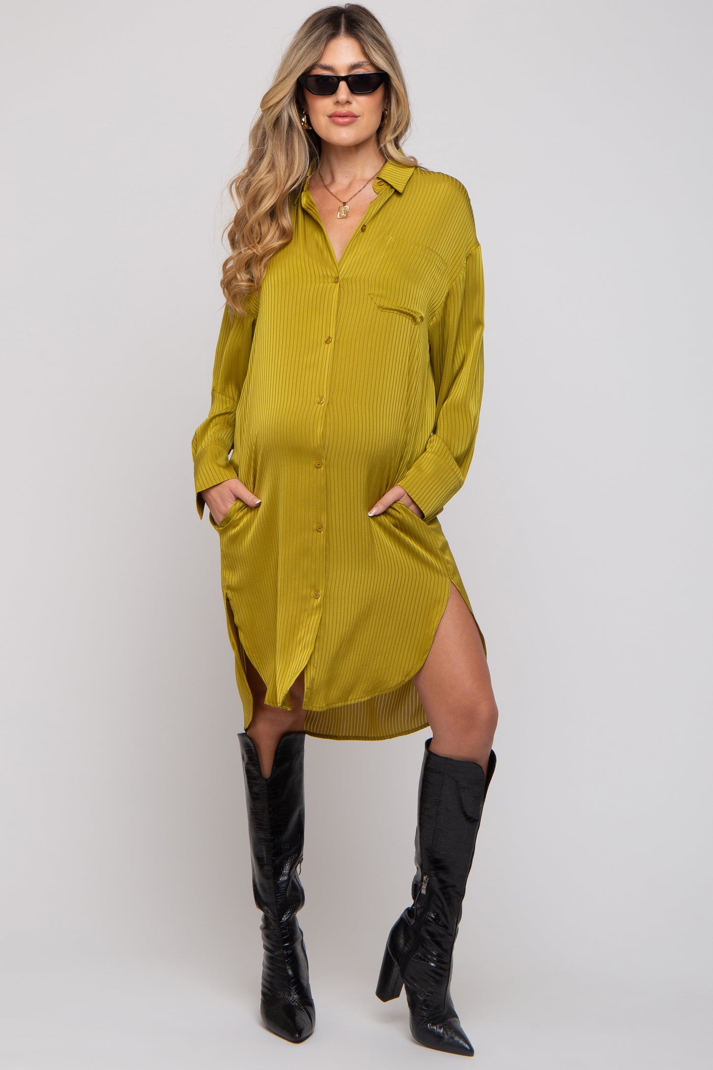 Lime Striped Maternity Shirt Dress