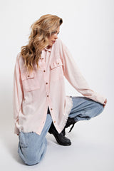 Peach Collared Button Front Raw Hem Top