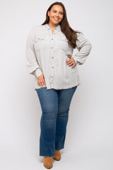 Grey Button Up Fringe Hem Plus Top