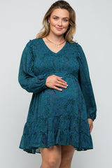 Teal Printed Smocked Long Sleeve Maternity Plus Dress