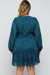 Teal Printed Smocked Long Sleeve Maternity Plus Dress