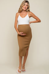 Camel Ribbed Fitted Side Slit Maternity Midi Skirt
