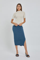 Teal Ribbed Fitted Side Slit Maternity Midi Skirt