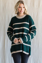 Hunter Green Striped Knit Lightweight Sweater