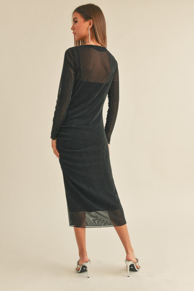 Black Shimmer Mesh Long Sleeve Ruched Midi Dress