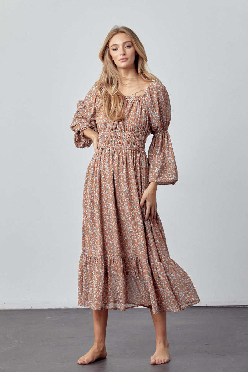 Mocha Ditsy Floral Midi Dress