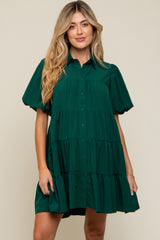 Forest Green Puff Sleeve Maternity Mini Shirt Dress