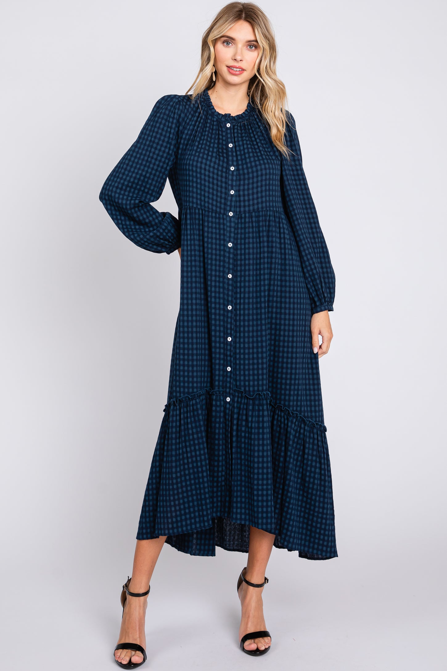 Navy Gingham Button Maternity Midi Dress