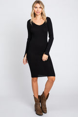 Black Ribbed Knit Long Sleeve Fitted Dress