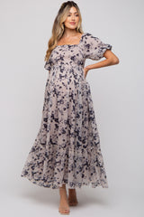 Navy Blue Floral Square Neck Short Puff Sleeve Maternity Maxi Dress