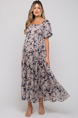 Navy Blue Floral Square Neck Short Puff Sleeve Maternity Maxi Dress