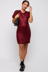 Burgundy Sequin Fitted Maternity Mini Dress