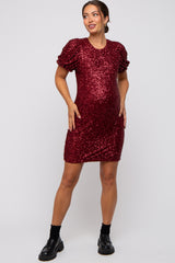 Burgundy Sequin Fitted Maternity Mini Dress