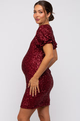 Burgundy Sequin Fitted Maternity Mini Dress