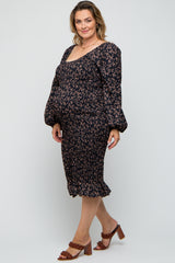 Black Floral Smocked Fitted Long Sleeve Plus Maternity Midi Dress