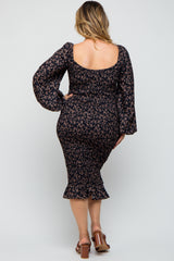 Black Floral Smocked Fitted Long Sleeve Plus Maternity Midi Dress