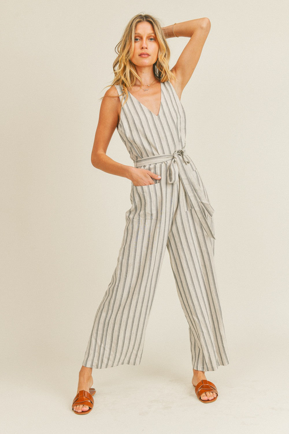 Ivory Stripe Linen Waist Tie Jumpsuit