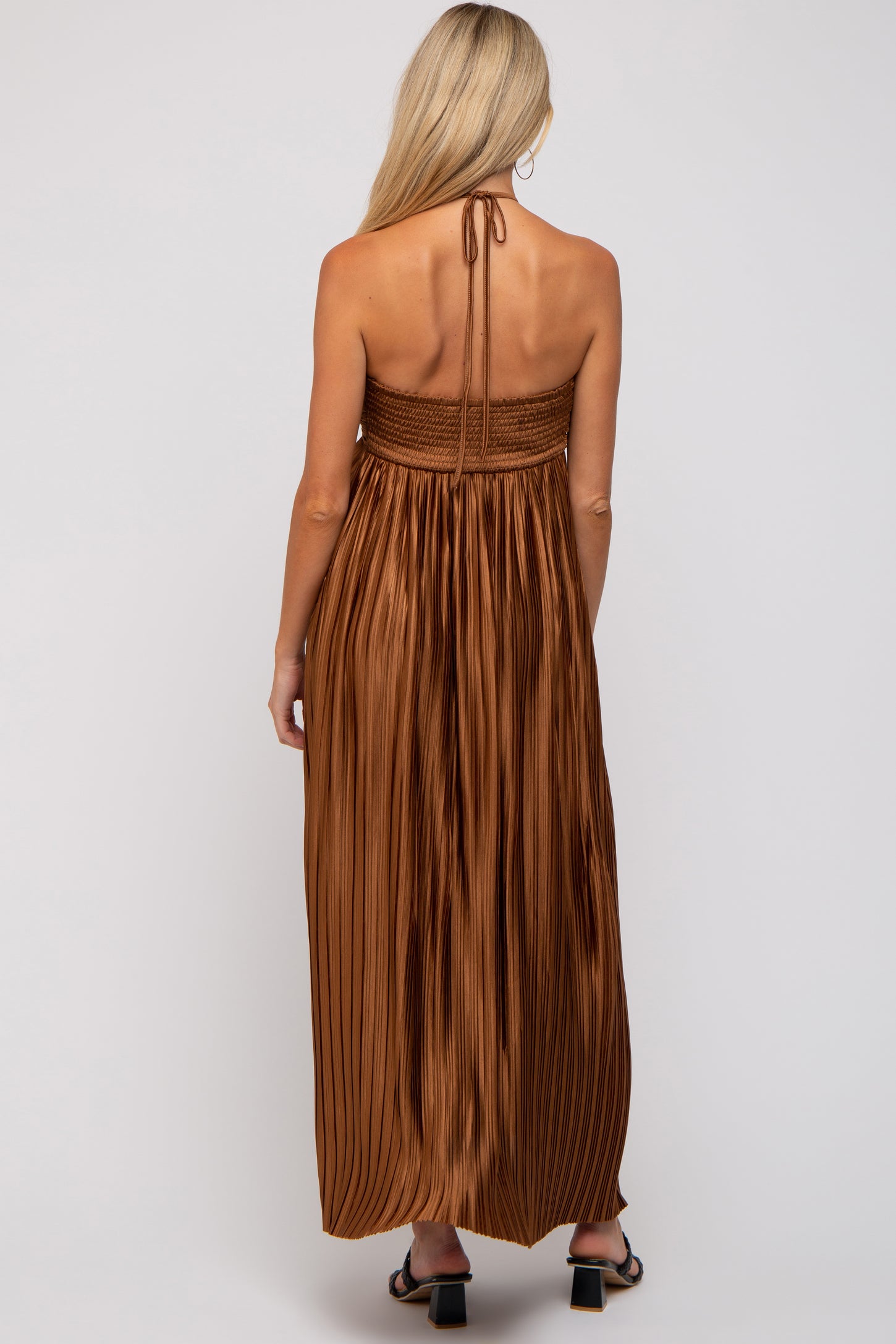 Brown Pleated Halter Maternity Maxi Dress