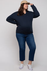 Navy Blue Soft Knit Fleece Lined Maternity Plus Sweatshirt