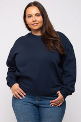 Navy Blue Soft Knit Fleece Lined Plus Sweatshirt
