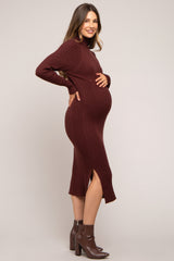 Brown Long Sleeve Turtleneck Maternity Sweater Dress
