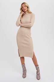 Beige Long Sleeve Turtleneck Sweater Dress