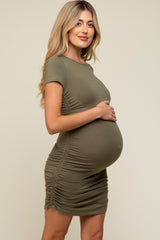 Olive Ruched Fitted Short Sleeve Maternity Dress