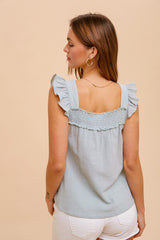 Mint Smocked Yoke Ruffle Sleeveless Blouse