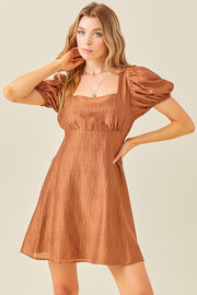 Brown Bow Detail Textured Mini Dress