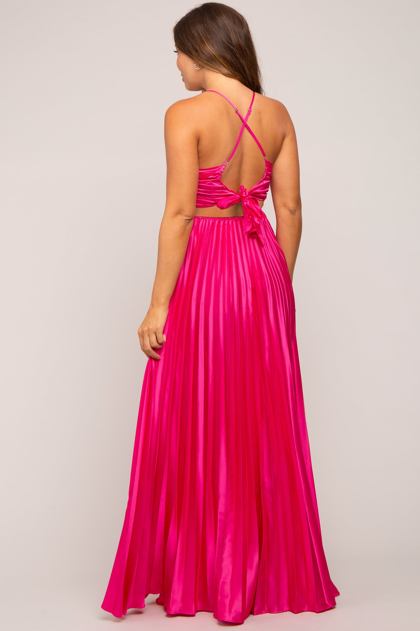 Fuchsia Satin Pleated Cutout Maternity Gown
