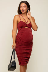 Rust Strappy Cutout Fitted Maternity Midi Dress