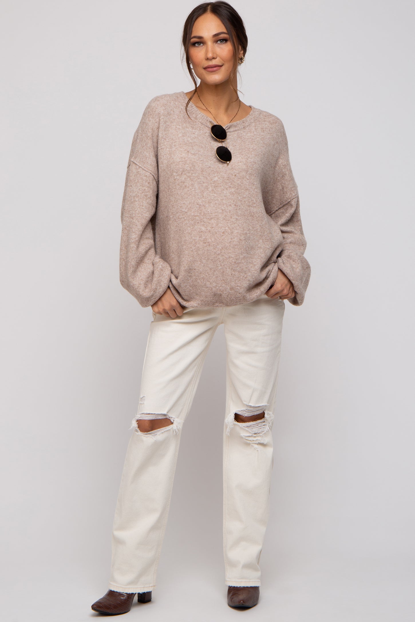 Cream Distressed Knee Maternity Jeans