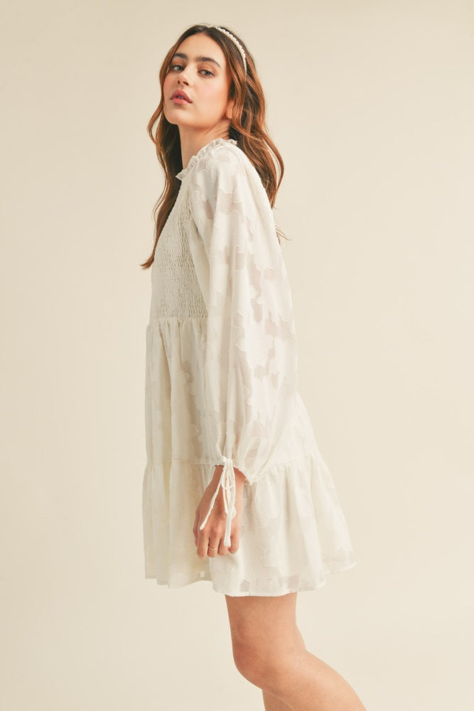 Cream Smocked Jacquard Burnout Mini Dress