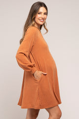 Camel Mock Neck Long Sleeve Maternity Dress